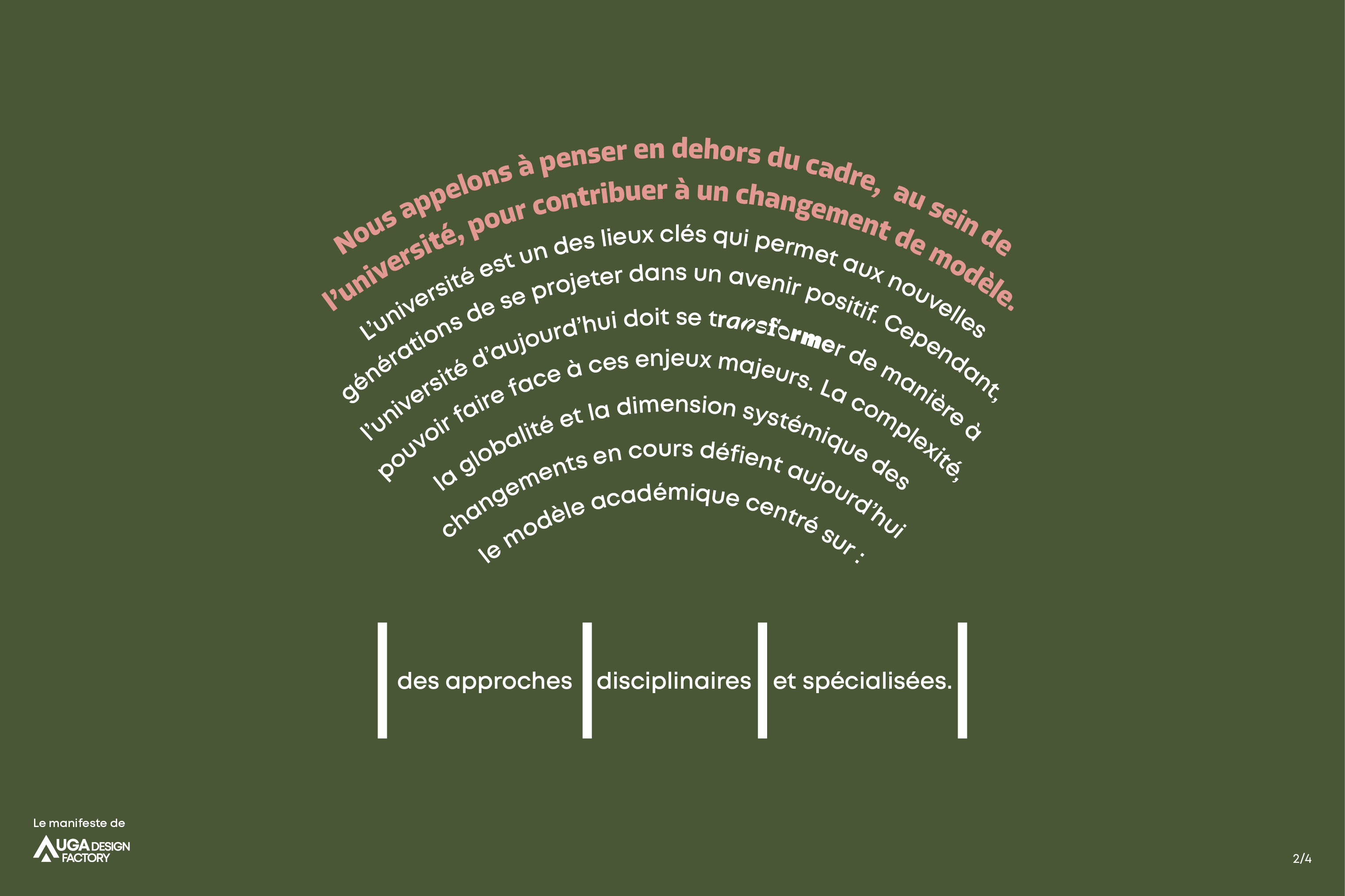 Nous appelons à penser en dehors du cadre, au sein de l’université, pour contribuer à un changement de modèle.  L’université est l’un des lieux clés qui permet aux nouvelles générations de se projeter dans un avenir positif. Cependant l’université d’aujou